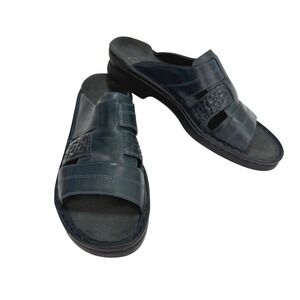 Clarks Leather Slide Sandals 10M Navy Blue Woven Wedge Slip On Casual Comfort